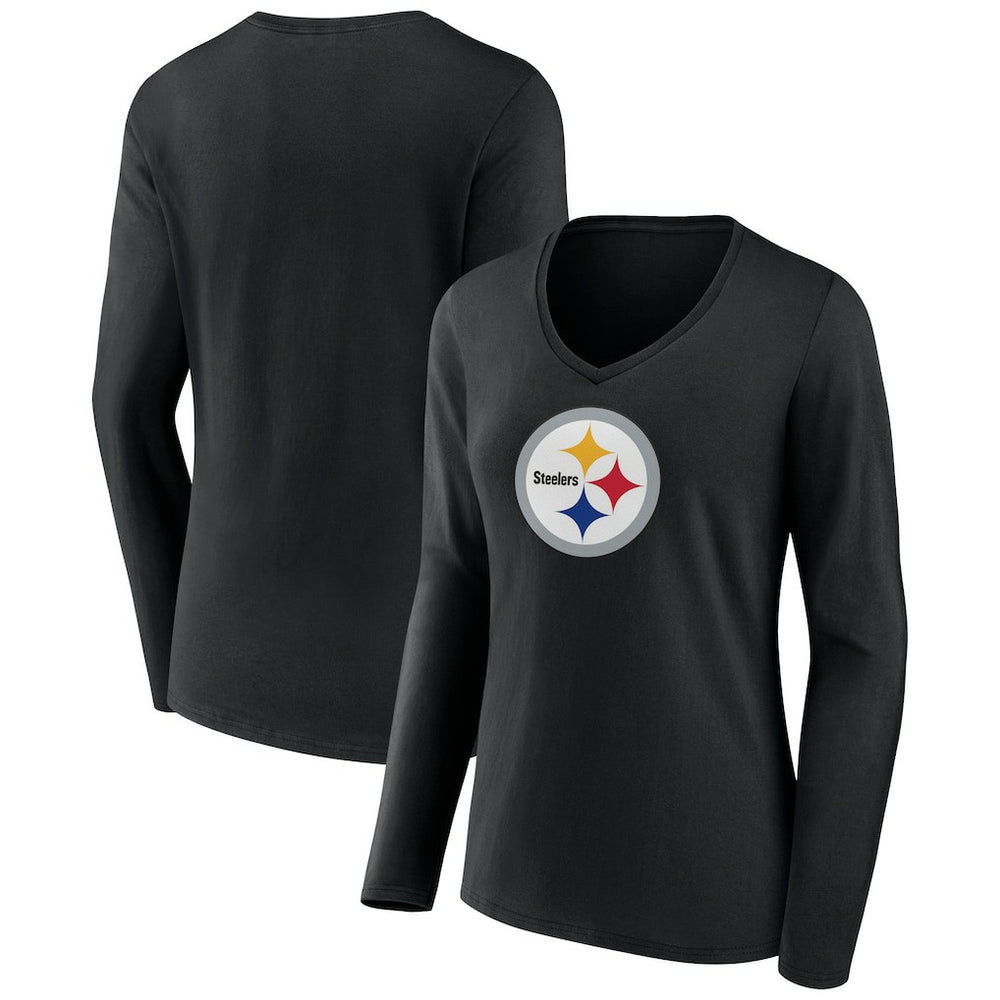Pittsburgh Steelers Women's Primary Team Logo Long Sleeve V-Neck T-Shirt Black