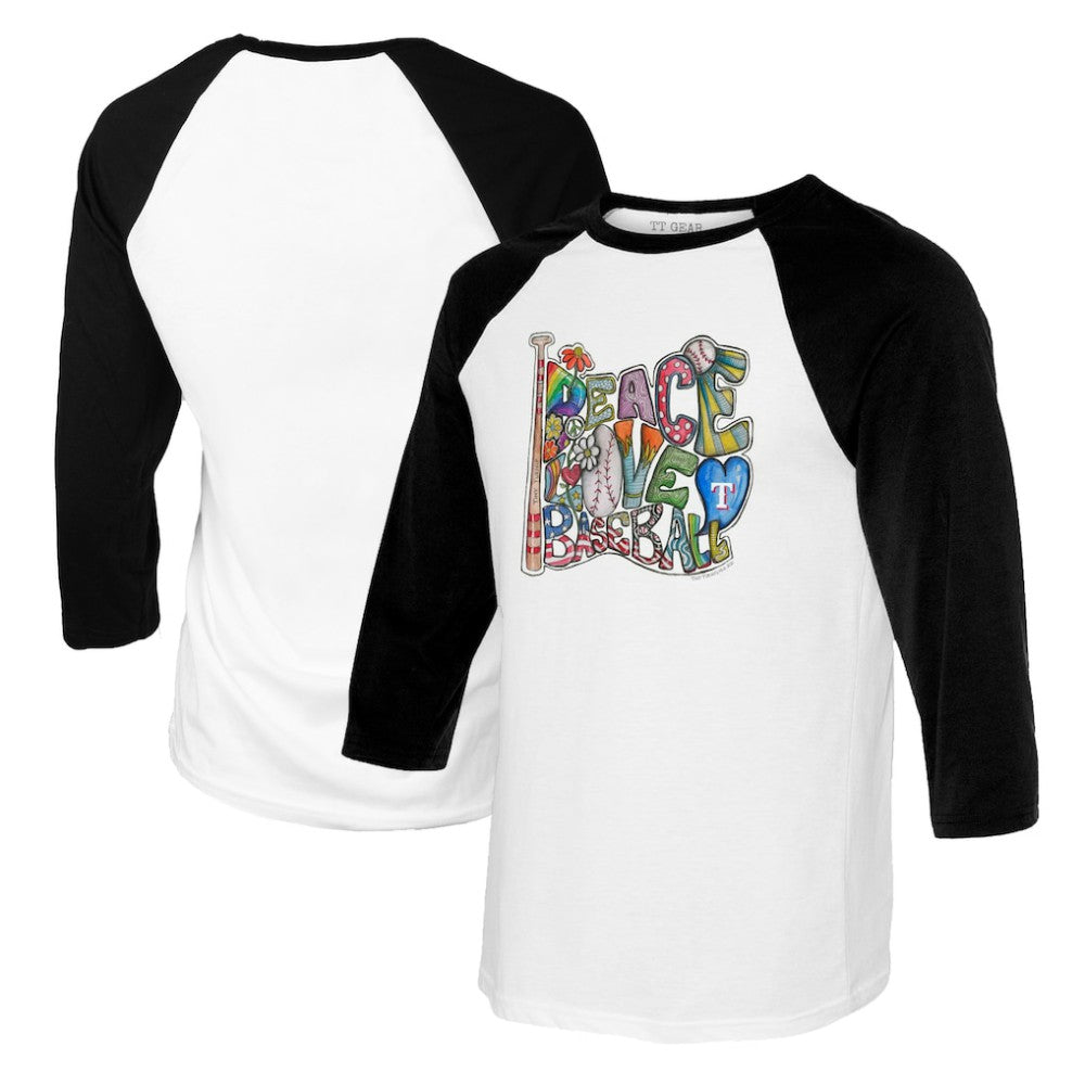 Texas Rangers Tiny Turnip Women's Peace Love Baseball 3/4-Sleeve Raglan T-Shirt - White/Black T-shirts
