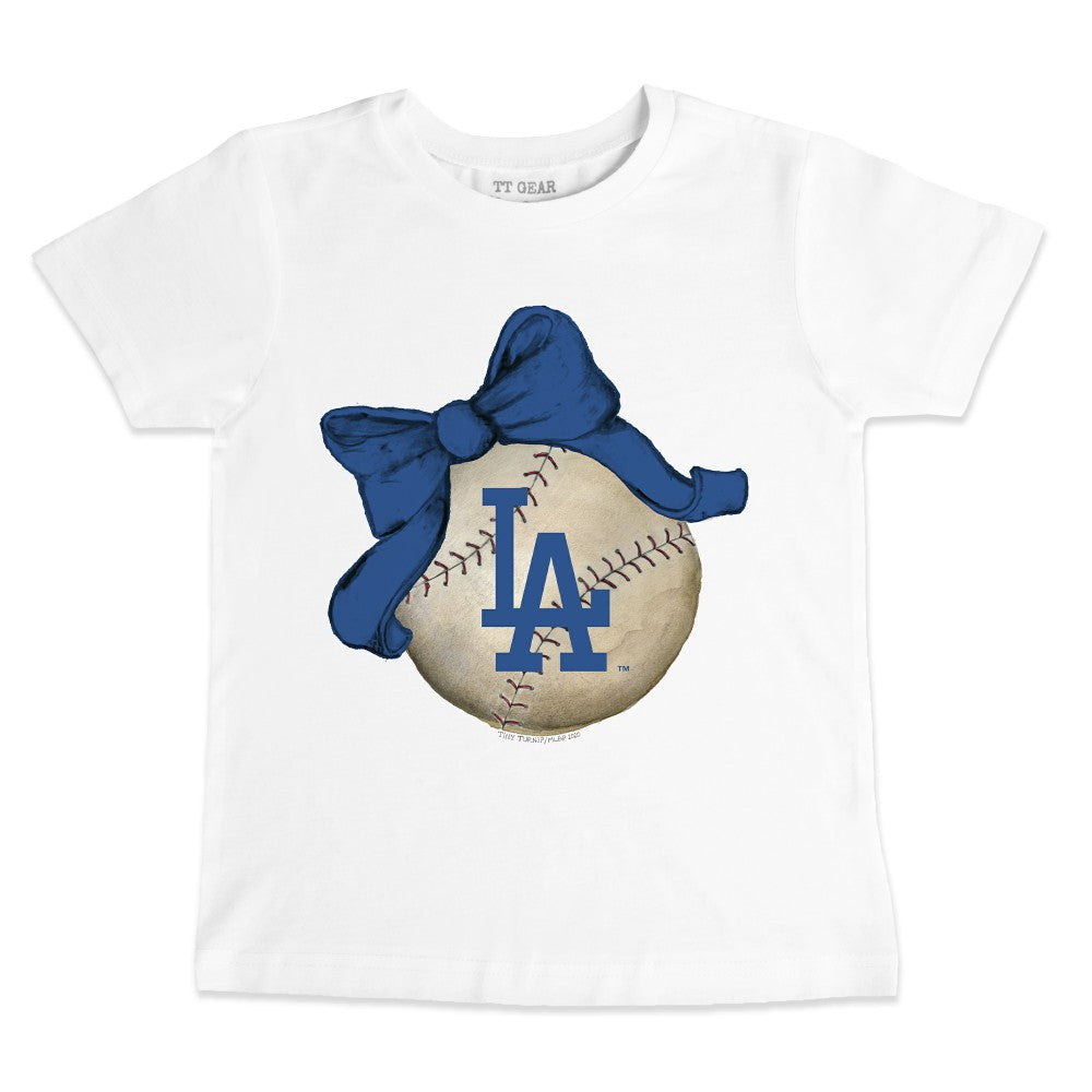 Los Angeles Dodgers Tiny Turnip Youth Baseball Bow T-Shirt - White T-shirts