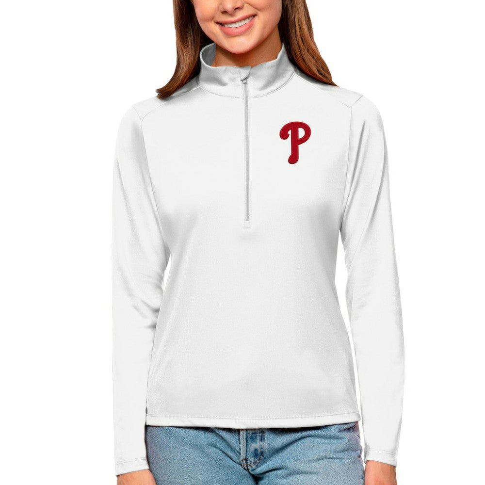 Philadelphia Phillies Antigua Women's Tribute Quarter-Zip Pullover Top - White Pullover