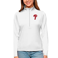 Philadelphia Phillies Antigua Women's Tribute Quarter-Zip Pullover Top - White Pullover