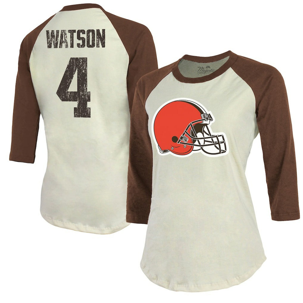 Deshaun Watson Cleveland Browns Majestic Threads Women's Player Name & Number Tri-Blend Three-Quarter Sleeve T-Shirt Cream