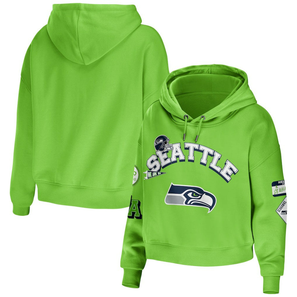 Seattle Seahawks WEAR by Erin Andrews Women's Plus Size Modest Cropped Pullover Hoodie Neon Green