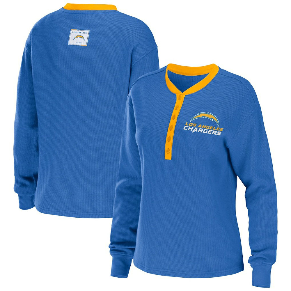 Los Angeles Chargers WEAR by Erin Andrews Women's Waffle Henley Long Sleeve T-Shirt Powder Blue