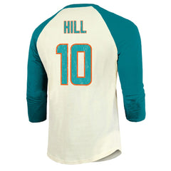 Tyreek Hill Miami Dolphins Majestic Threads Vintage Player Name & Number Raglan 3/4-Sleeve T-Shirt Cream/Aqua