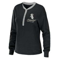 Chicago White Sox WEAR by Erin Andrews Women's Waffle Henley Long Sleeve T-Shirt - Black T-shirts