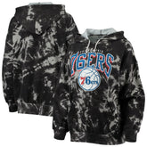 Philadelphia 76ers Majestic Threads Women's Burble Tie-Dye Tri-Blend Pullover Hoodie Black