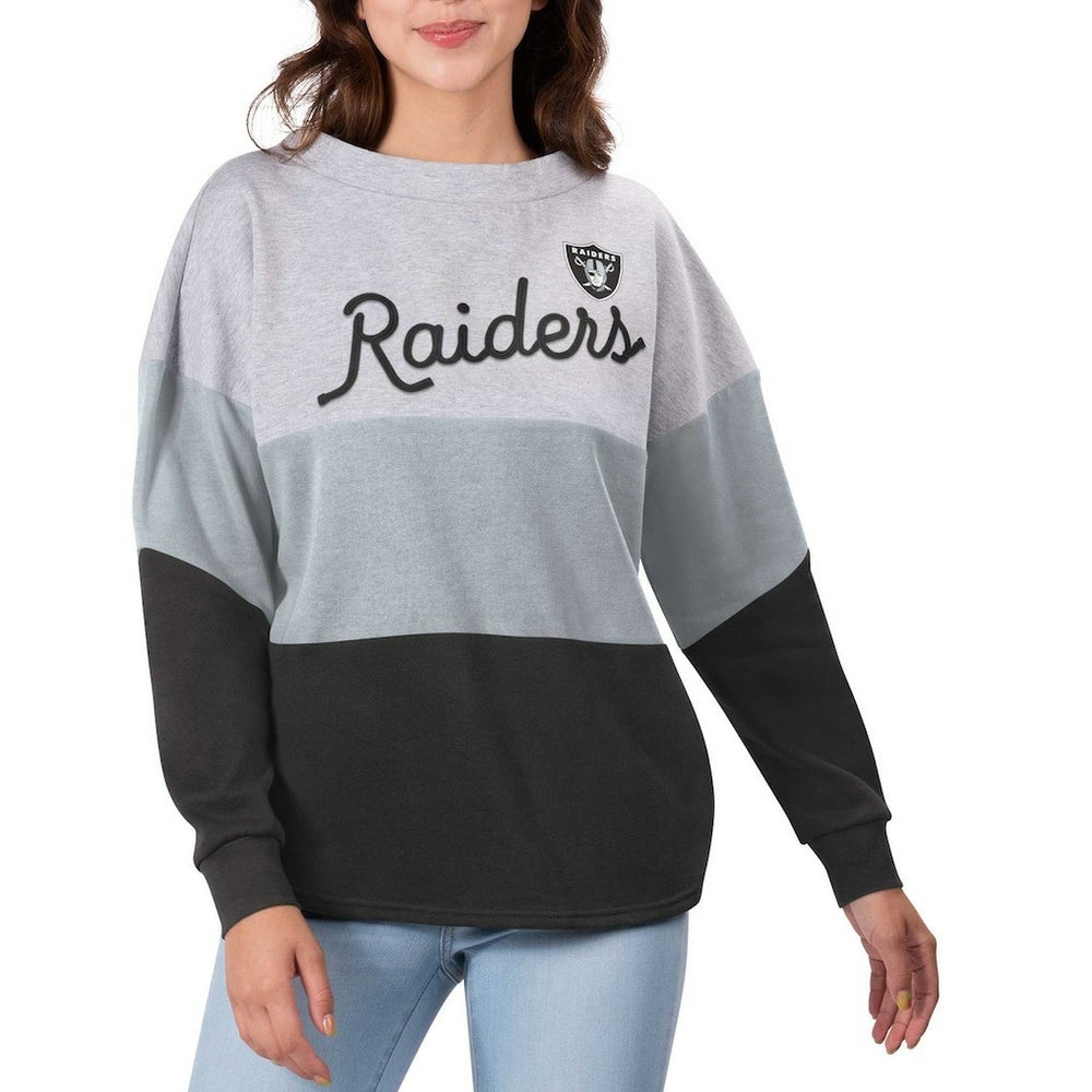 Las Vegas Raiders Touch Women's Outfield Deep V-Back Waist Length Pullover Sweatshirt Heather Gray/Black
