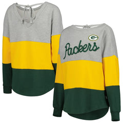 Green Bay Packers Touch Women's Outfield Deep V-Back Waist Length Pullover Sweatshirt Heather Gray/Green