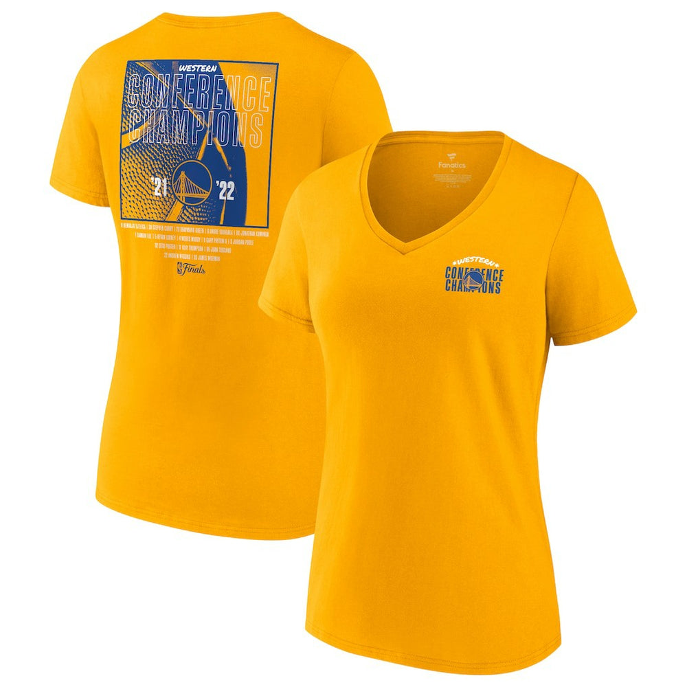Golden State Warriors Women's 2022 Western Conference Champions Balanced Attack Roster V-Neck T-Shirt Gold