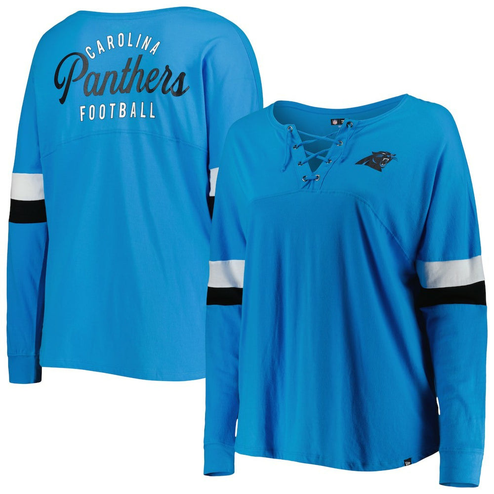 Carolina Panthers New Era Women's Plus Size Athletic Varsity Lace-Up V-Neck Long Sleeve T-Shirt Blue