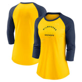 Milwaukee Brewers Nike Women's Next Up Tri-Blend Raglan 3/4-Sleeve T-Shirt - Gold/Navy T-shirts