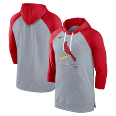 St. Louis Cardinals Nike Baseball Raglan 3/4-Sleeve Pullover Hoodie - Heather Gray/Heather Red Hoodies