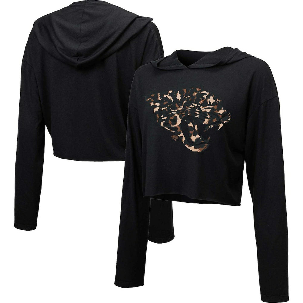 Jacksonville Jaguars Majestic Threads Women's Leopard Cropped Pullover Hoodie Black