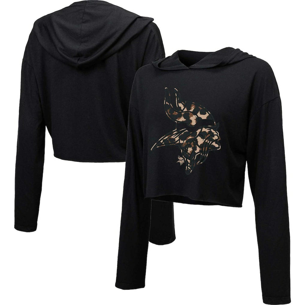 Minnesota Vikings Majestic Threads Women's Leopard Cropped Pullover Hoodie Black