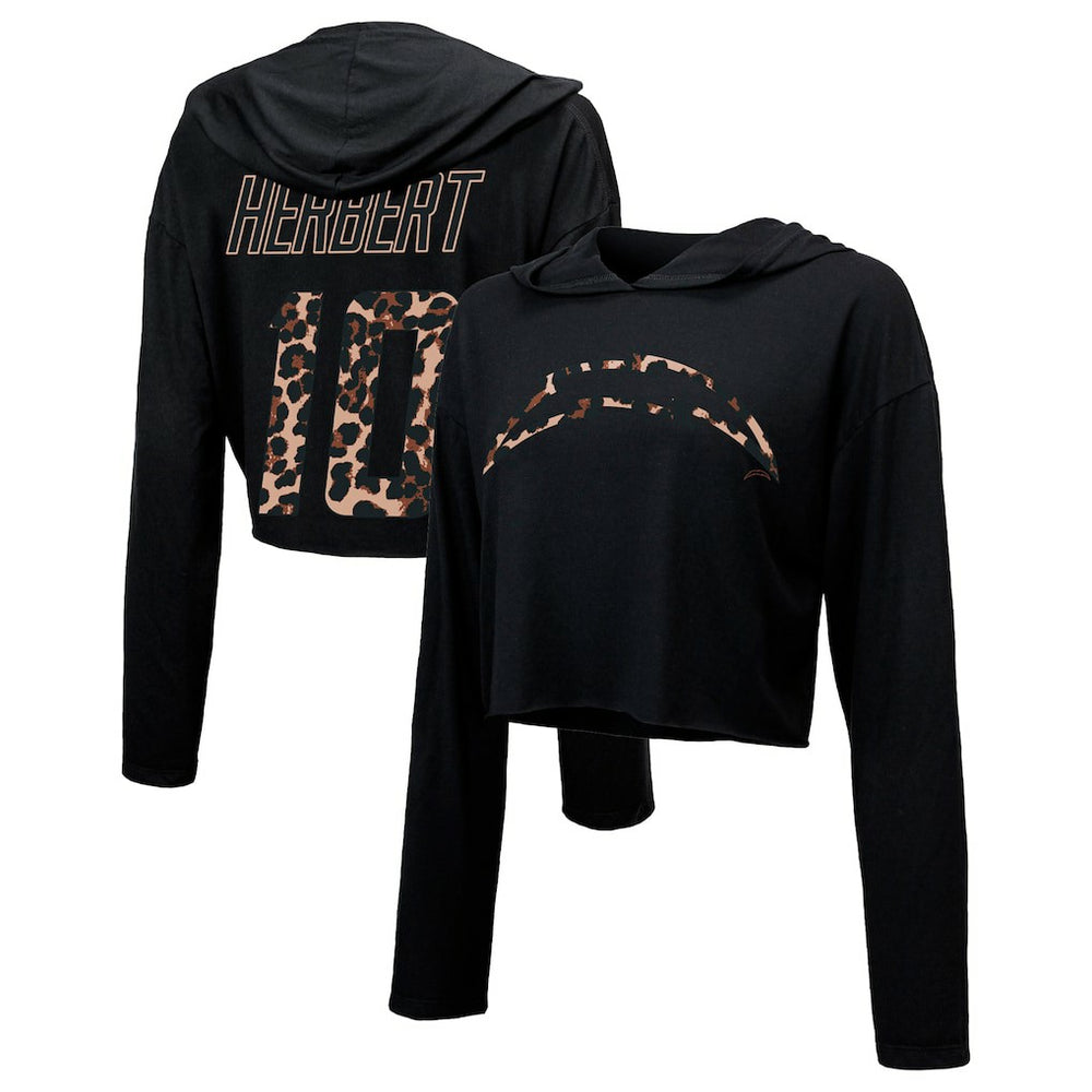 Justin Herbert Los Angeles Chargers Majestic Threads Women's Leopard Player Name & Number Long Sleeve Cropped Hoodie Black