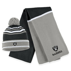 Las Vegas Raiders WEAR by Erin Andrews Women's Colorblock Cuffed Knit Hat with Pom and Scarf Set Black
