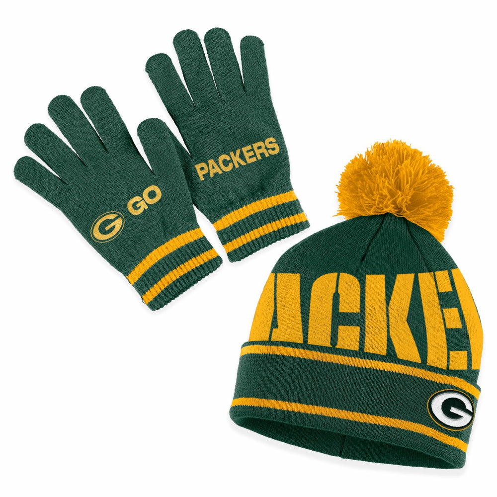 Green Bay Packers WEAR by Erin Andrews Women's Double Jacquard Cuffed Knit Hat with Pom and Gloves Set Green