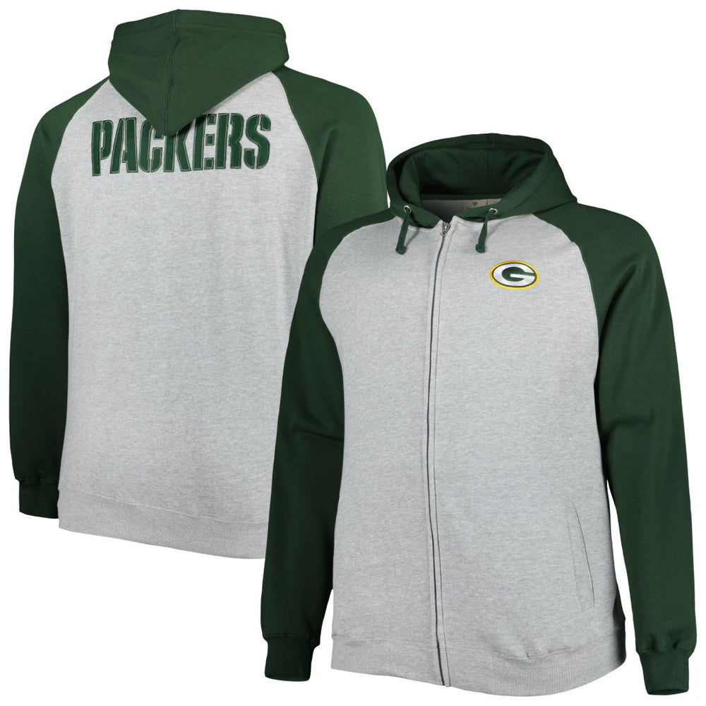 Green Bay Packers Big & Tall Fleece Raglan Full-Zip Hoodie Jacket Heather Gray