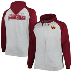Washington Commanders Big & Tall Fleece Raglan Full-Zip Hoodie Jacket Heather Gray
