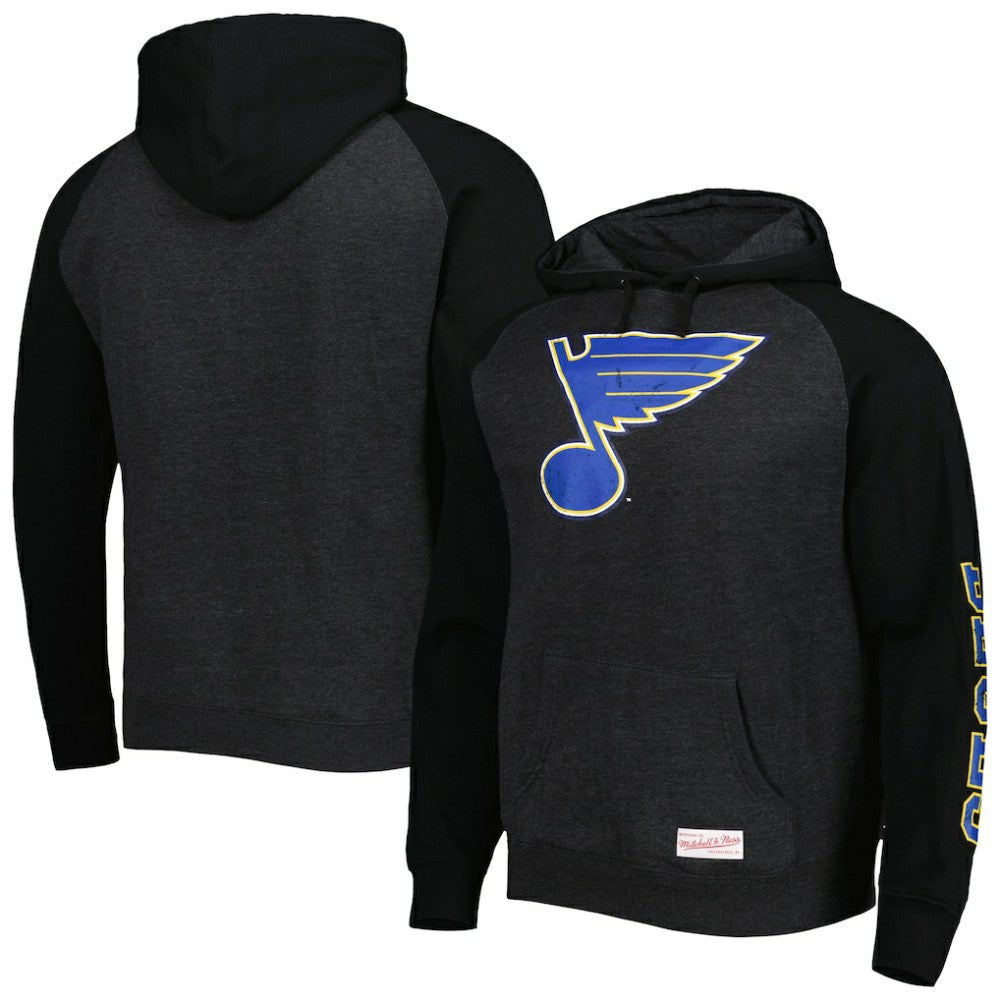 NHL St. Louis Blues Mitchell & Ness Distressed Logo Raglan Pullover Hoodie - Heather Black