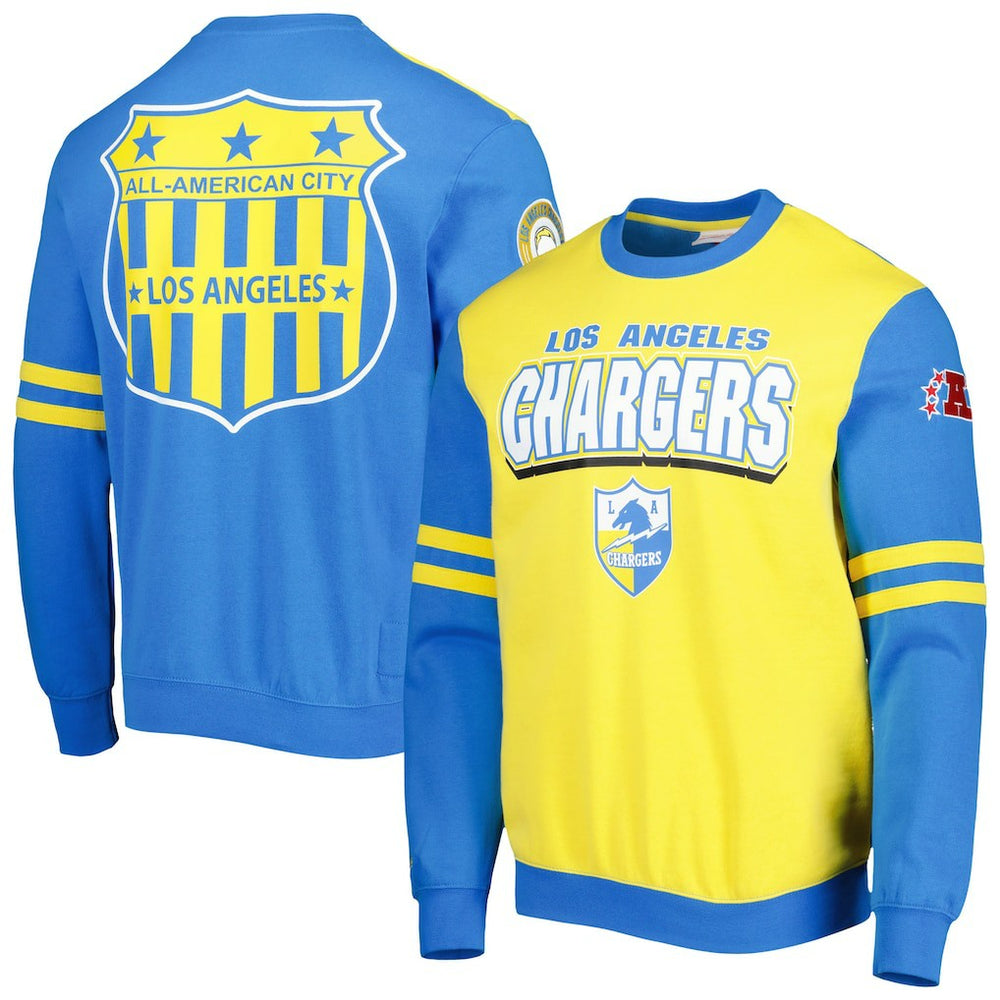 Los Angeles Chargers All Over 2.0 Pullover Sweatshirt Gold