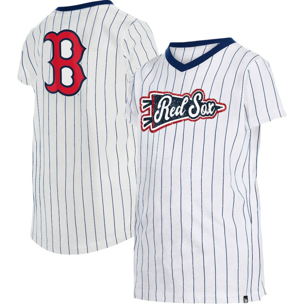 Boston Red Sox New Era Girls Youth Pinstripe V-Neck T-Shirt - White T-shirts