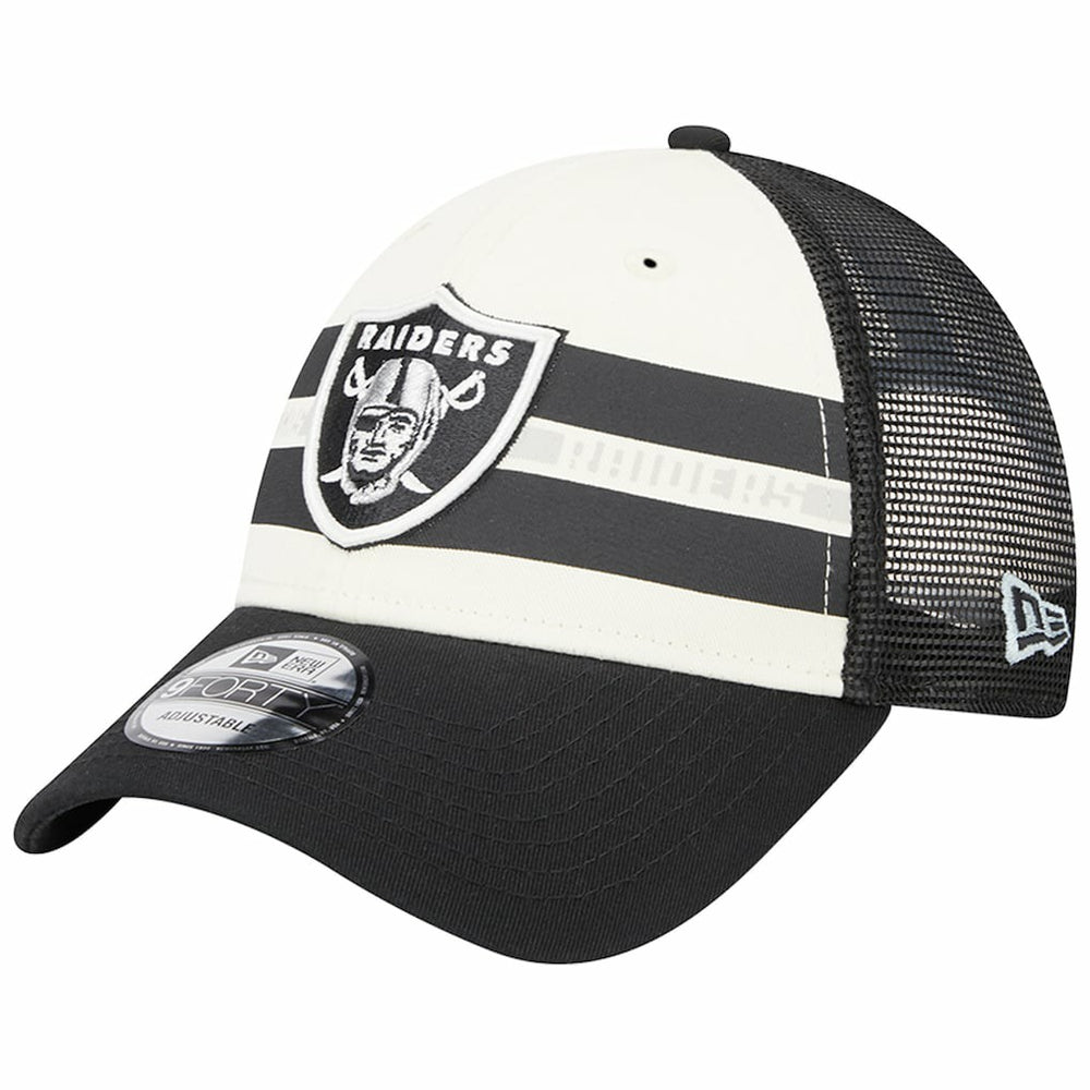 Las Vegas Raiders New Era Team Stripe Trucker 9FORTY Snapback Hat Cream/Black