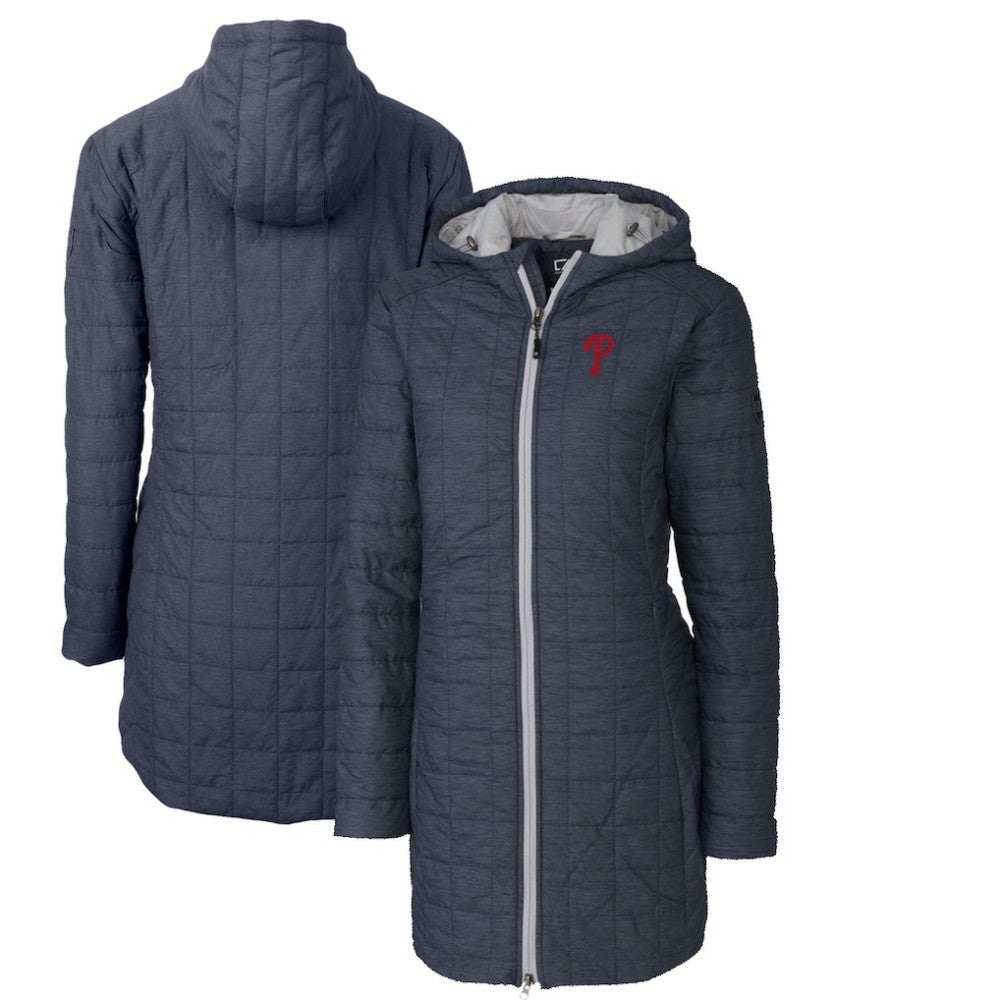 Philadelphia Phillies Cutter & Buck Women's Rainier Primaloft Eco Full-Zip Hoodie Long Coat - Heathered Navy Hoodies