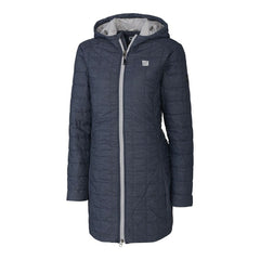 New York Giants Cutter & Buck Women's Rainier Primaloft Eco Hooded Long Lightweight Coat Heather Navy