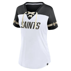 New Orleans Saints Women's Dueling Slant V-Neck Lace-Up T-Shirt White