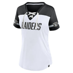 Las Vegas Raiders Women's Dueling Slant V-Neck Lace-Up T-Shirt White