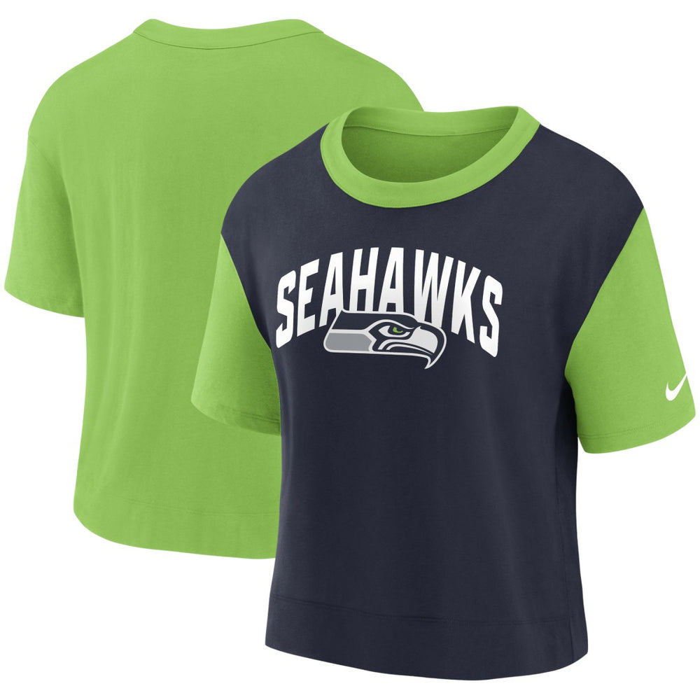 Seattle Seahawks Women's High Hip Fashion T-Shirt Neon Green/College Navy