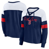 Boston Red Sox Fanatics Women's Even Match Lace-Up Long Sleeve V-Neck T-Shirt - Navy/White T-shirts