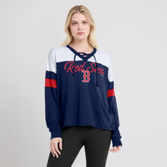 Boston Red Sox Fanatics Women's Even Match Lace-Up Long Sleeve V-Neck T-Shirt - Navy/White T-shirts