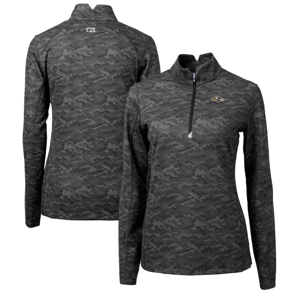 Baltimore Ravens Cutter & Buck Women's Traverse Camo Print Stretch Quarter-Zip Pullover Top Black
