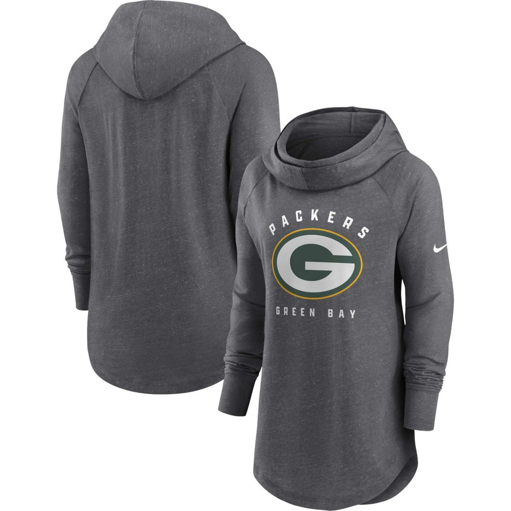 Green Bay Packers Women's Raglan Funnel Neck Pullover Hoodie Heather Charcoal
