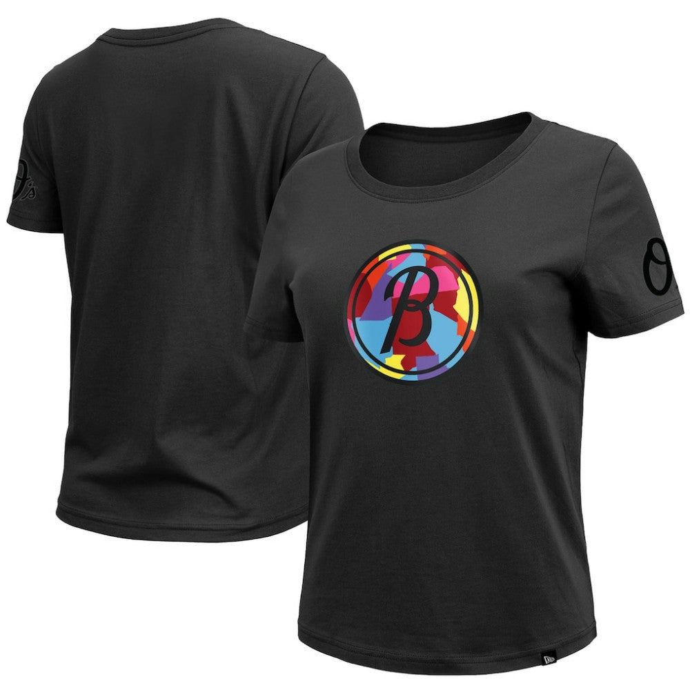 Baltimore Orioles New Era Women's 2023 City Connect Cap Logo T-Shirt - Black T-shirts