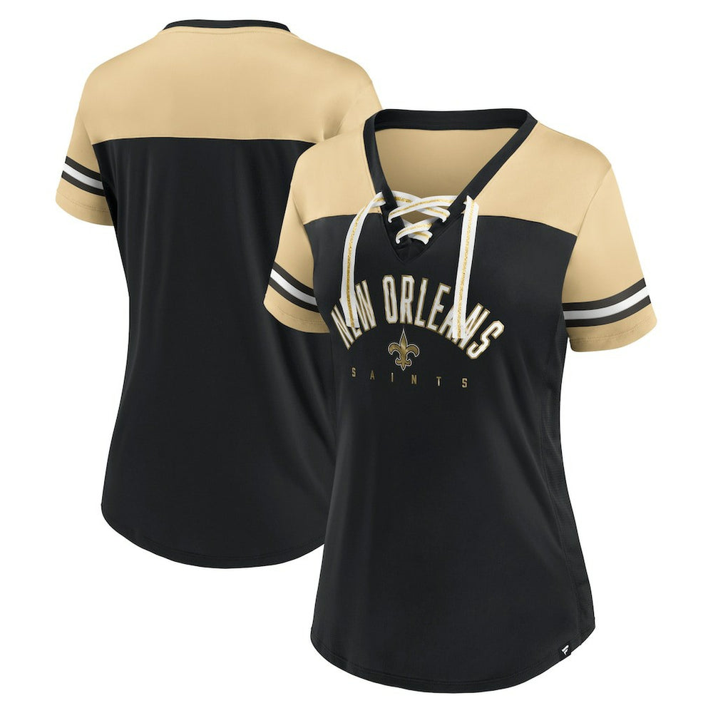 New Orleans Saints Women's Blitz & Glam Lace-Up V-Neck Jersey T-Shirt Black/Vegas Gold
