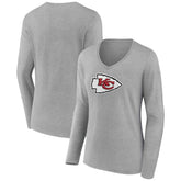 Kansas City Chiefs Women's Primary Team Logo Long Sleeve V-Neck T-Shirt Heather Gray