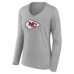 Kansas City Chiefs Women's Primary Team Logo Long Sleeve V-Neck T-Shirt Heather Gray