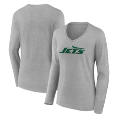 New York Jets Women's Primary Logo Long Sleeve V-Neck T-Shirt Gray