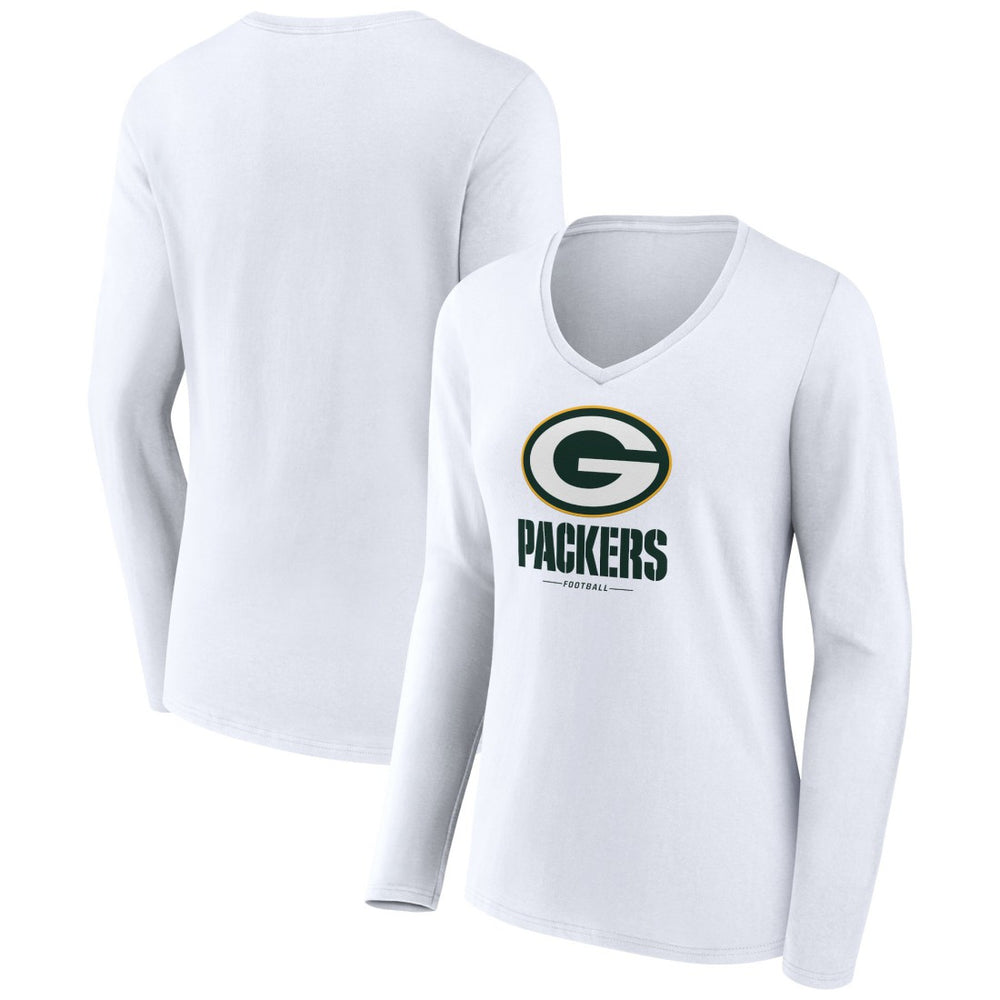 Green Bay Packers Women's Logo Team Lockup Long Sleeve V-Neck T-Shirt White