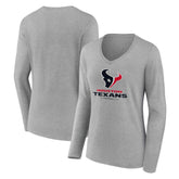 Houston Texans Women's Logo Team Lockup Long Sleeve V-Neck T-Shirt Heather Gray