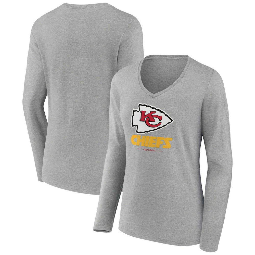 Kansas City Chiefs Women's Logo Team Lockup Long Sleeve V-Neck T-Shirt Heather Gray
