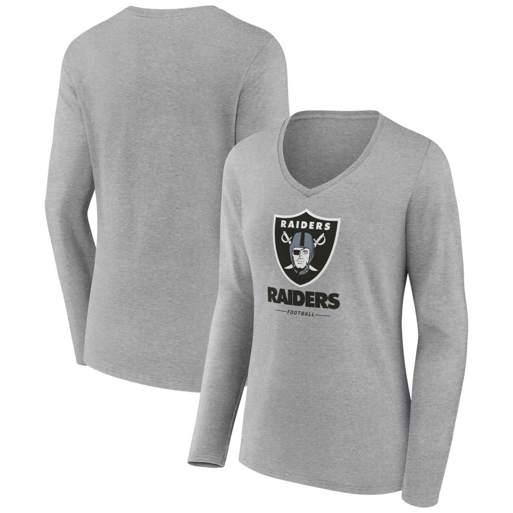 Las Vegas Raiders Women's Logo Team Lockup Long Sleeve V-Neck T-Shirt Heather Gray