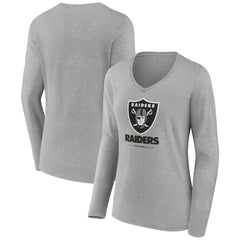 Las Vegas Raiders Women's Logo Team Lockup Long Sleeve V-Neck T-Shirt Heather Gray