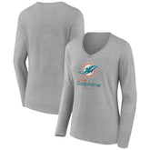 Miami Dolphins Women's Logo Team Lockup Long Sleeve V-Neck T-Shirt Heather Gray