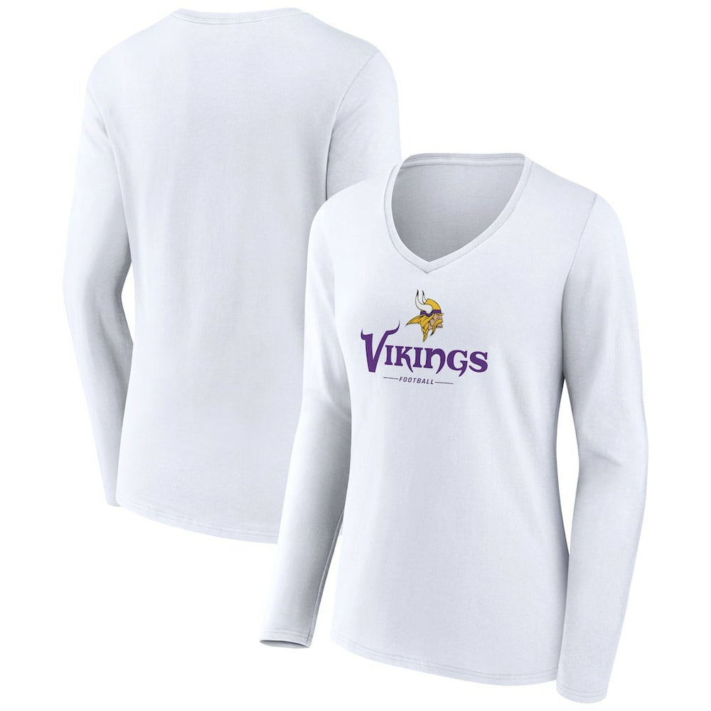 Minnesota Vikings Women's Logo Team Lockup Long Sleeve V-Neck T-Shirt White