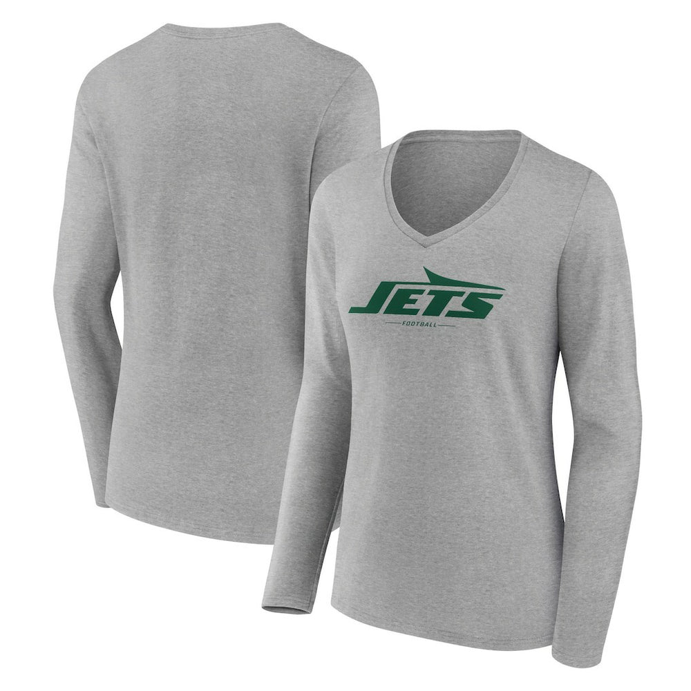 New York Jets Women's Logo Team Lockup Long Sleeve V-Neck T-Shirt Heather Gray